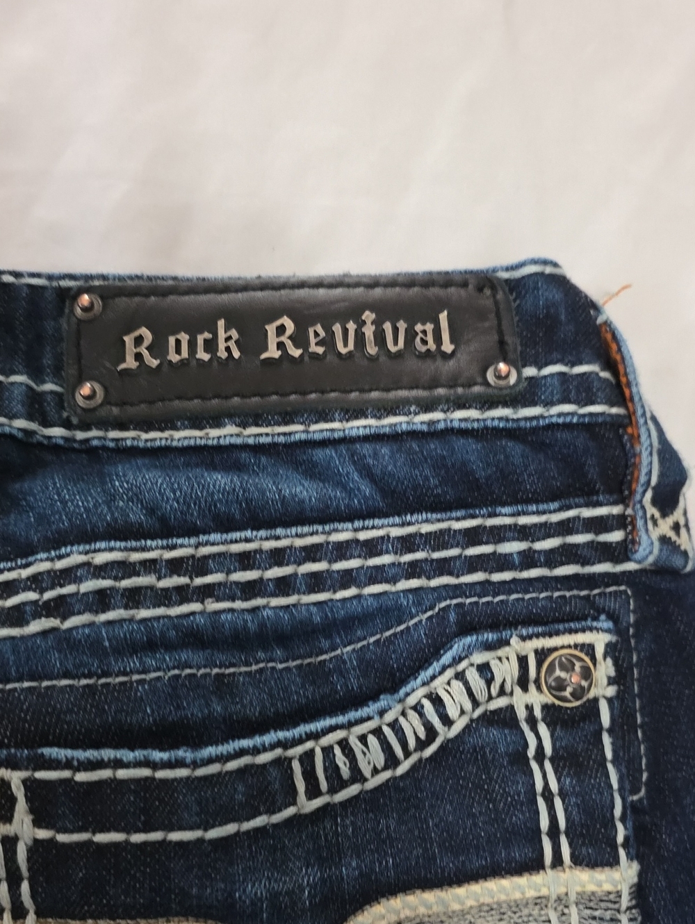 Rock Revival Dark Wash Cropped Jeans with White Contrast Stitching - Picture 10 of 10